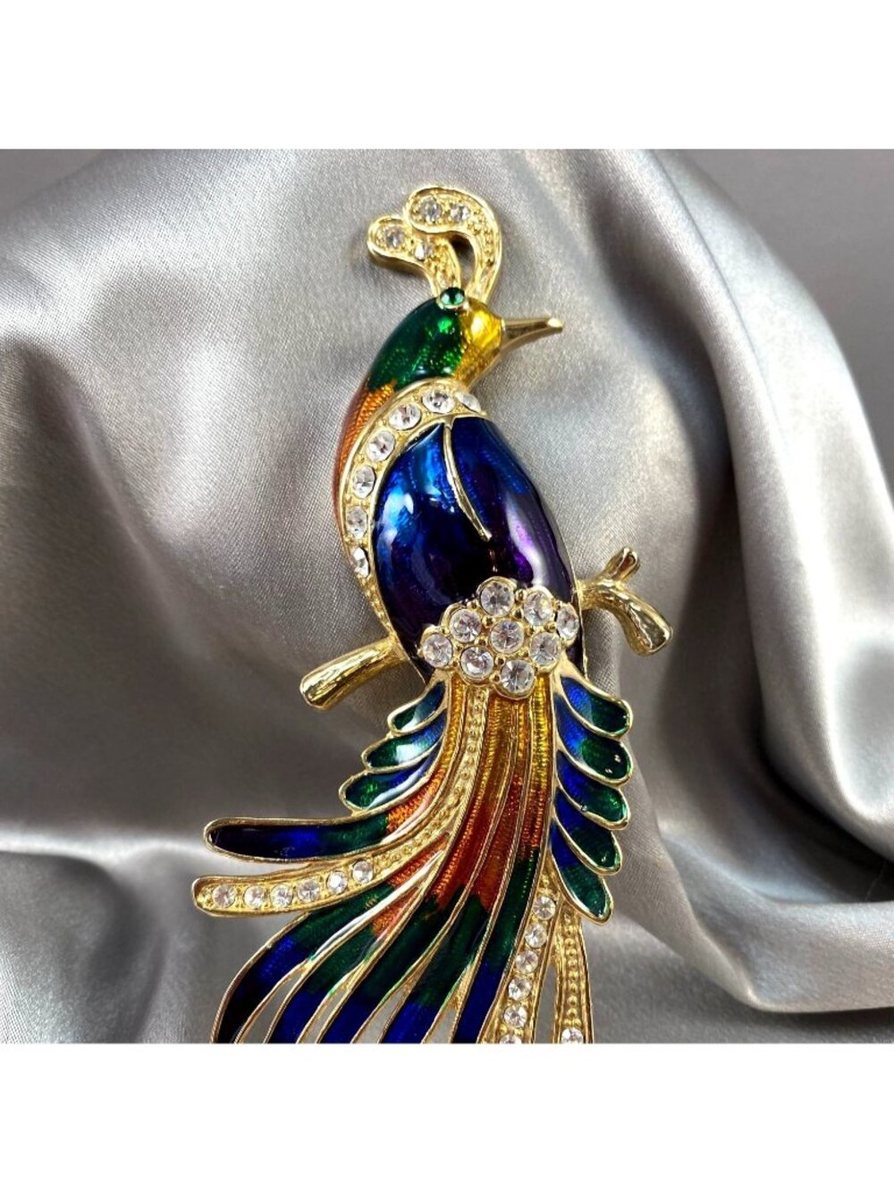 Vintage Bird of Paradise Brooch Large 5.5" Blue Green Enamel Rhinestone Gold Ton